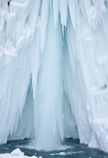 A large icy waterfall, a waterfall in ice from which frozen body parts are visible