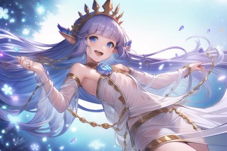 <lora:lily-Counterfeit-V3.0:1>, solo, 1girl, field of deapth, lily_\(granblue_fantasy\), granblue fantasy, elf, shilver hair, very long hair, crown, hair ornament, blue eyes,  small breasts, collarbone, smile, looking at viewer, floating crystals,