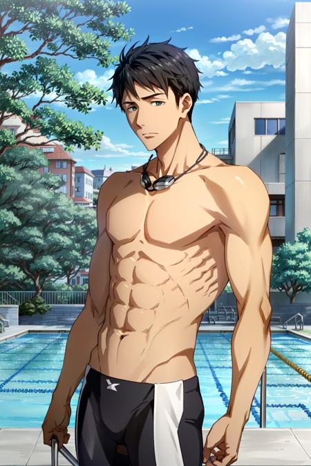 yamazaki sosuke\(free!\), solo, 1boy, looking at viewer, black hair, green eyes, male focus, samezuka bodysuit, black bodysuit, gray bodysuit, white bodysuit,abs, topless male, window, tree, day, pool, goggles around neck, sky, day, poolside