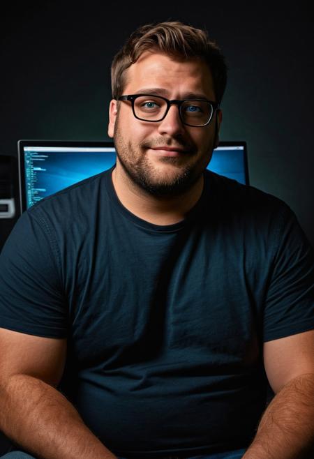 ((cinematic hazey atmosphere, romantic movie, romance film, arthouse film)), ((dark, night nighttime, dark background, shadows)), Tanned chubby 30 year old German man, wearing a black t-shirt and blue jeans, light brown messy hair, glasses, stubble, doublechin, broad face, blue green eyes, big fat arms, big neck, big belly, (nerd, programmer, coder), gentle smile, (sitting in dark office at night while programming on a high-tech computer),