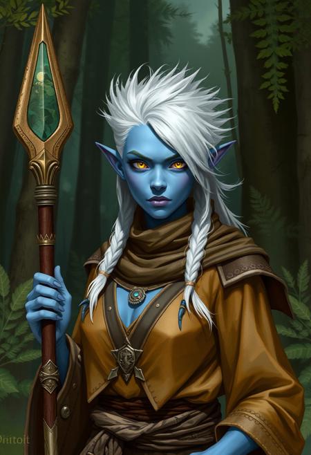 (((detailed, beautiful, high quality))), female tiefling, blue skin, white sclera, no iris, blank eyes, white hair, spiky hair, tomboy, druid clothing, forest environment, holding druid staff