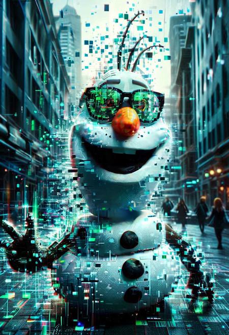 Olaf, snowman, futuristic sunglasses, braid, glowing green Matrix code powers, powers swirls from hands, futuristic background, code raining from the sky, buildings flicker with data, Olaf friendly, glitchy hologram, pixelated carrot nose., Cinematic lighting, dramatic pose, cyberpunk atmosphere.
score_9, score_8_up, score_8_up, masterpiece,super detailed face, super high resolution, FaceDetail, masterpiece-level, highly detailed, intricate details, detailed background, complex background, cinematic, intricately detailed illustration, depth of field, masterpiece, best quality, amazing quality, very aesthetic, absurdres, newest, very awa, shadow,