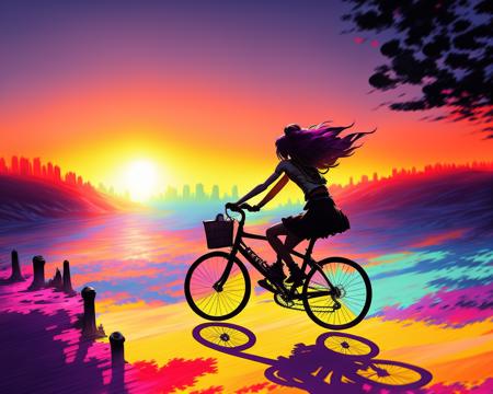 a girl riding a bike into the sunset, by clrs