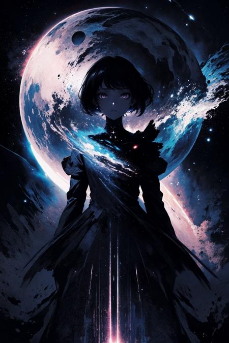 masterpiece, best quality, ultra high res, (abstract art:1.3), (dark theme:1.2), art, stylized, deep shadow, dark theme, 1girl, cosmic dress, cosmic beauty, in space, nebula