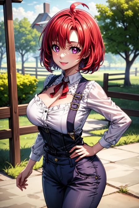 best quality, masterpiece, 1girl, (solo:1.1), raytracing, ultra detailed,detailed face, 8k wallpaper, wide hips, <lora:more_details:0.5>, smile, CowGirlNDV, 1girl, red hair, purple eyes, large breasts, short hair, ahoge, cowboy shot, shirt, jeans with suspenders, outdoor, farm,  <lora:CowGirlGS_NDV:0.7>