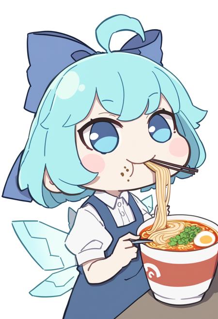 1girl, style:kame \(kamepan44231\), cirno, chibi, blue eyes, blue hair, wings, short sleeves, dress, solo, shirt, short hair, white shirt, bow, ice wings, ice, blue dress, puffy short sleeves, blue bow, hair bow, puffy sleeves, food, noodles, pinafore dress, collared shirt, holding, fairy, eating, cup ramen, blush stickers, ribbon, chopsticks, ramen, ahoge, <lora:Style - kame (kamepan44231) - v2 - bionagato>