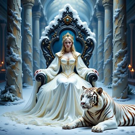princess with glacier blue eyes, simple crown made out of snow, a cinematic photography,  snowy godess portrait, sitting on a throne made out of black wood in the snow throne room, billowing white dress, a huge white tiger is lying on the ground beside
