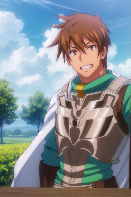 rance, <lora:rance-lora-nochekaiser:1>,
rance, brown hair, (brown eyes:1.5), male focus, smile, grin,
BREAK cape, armor, bodysuit, green bodysuit,
BREAK outdoors, forest, nature, sun, sky, clouds,
BREAK looking at viewer, (cowboy shot:1.5),
BREAK <lyco:GoodHands-beta2:1>, (masterpiece:1.2), best quality, high resolution, unity 8k wallpaper, (illustration:0.8), (beautiful detailed eyes:1.6), extremely detailed face, perfect lighting, extremely detailed CG, (perfect hands, perfect anatomy),