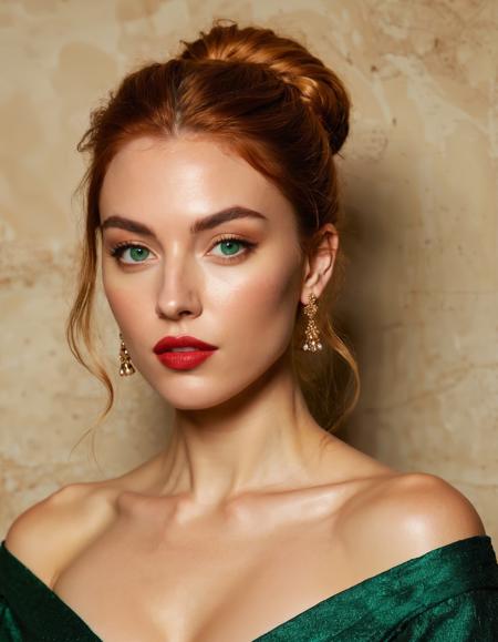 A photo-realistic shoot from a portrait camera angle about a portrait of a woman with ginger hair, wearing a brown off-shoulder dress with a gold brooch. the image also shows a soft, painterly style with warm tones. on the middle of the image, a 1 woman, who appears to be in her mid-twenties, with fair skin, ginger hair styled in a messy bun, and green eyes. she is looking to the side with a thoughtful expression, her hand resting on her chin, and her lips are painted with red lipstick. she has a slim body and is wearing earrings. her hair is styled in loose waves and her eyes are looking directly at the viewer. her facial expression is calm and her body is positioned in a profile pose, with her upper body visible. the background is a textured, textured wall with a warm tones, and the lighting is soft and diffused, casting gentle shadows.
