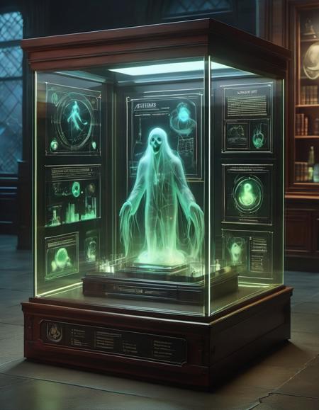 display case with a glowing ectoplasmic aether ghost in a darkened ghost busters lab environment