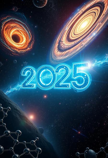 "2025" embedded in deep space, surrounded by intricate nanostructures, swirling wormholes, vast galaxies, the glowing Milky Way, and a shimmering cosmic ether. The scene is a cinematic sci-fi masterpiece, with vivid colors, deep contrasts, and an ethereal glow illuminating the text. The numbers appear as if forged from luminous stardust and energy, seamlessly blending into the cosmic landscape, evoking a sense of awe and infinite possibilities.
Midjourney_Whisper