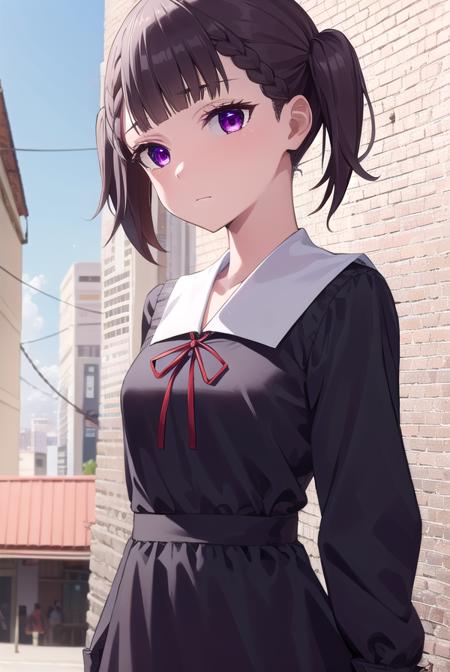 makishijou, <lora:makishijou-lora-nochekaiser:1>,
maki shijou, bangs, blunt bangs, (purple eyes:1.1), twintails, two side up, braid, short twintails,
BREAK long sleeves, dress, ribbon, school uniform, black dress, red ribbon, neck ribbon, collared dress, shuuchiin academy school uniform,
BREAK outdoors,
BREAK looking at viewer, (cowboy shot:1.5),
BREAK <lyco:GoodHands-beta2:1>, (masterpiece:1.2), best quality, high resolution, unity 8k wallpaper, (illustration:0.8), (beautiful detailed eyes:1.6), extremely detailed face, perfect lighting, extremely detailed CG, (perfect hands, perfect anatomy),