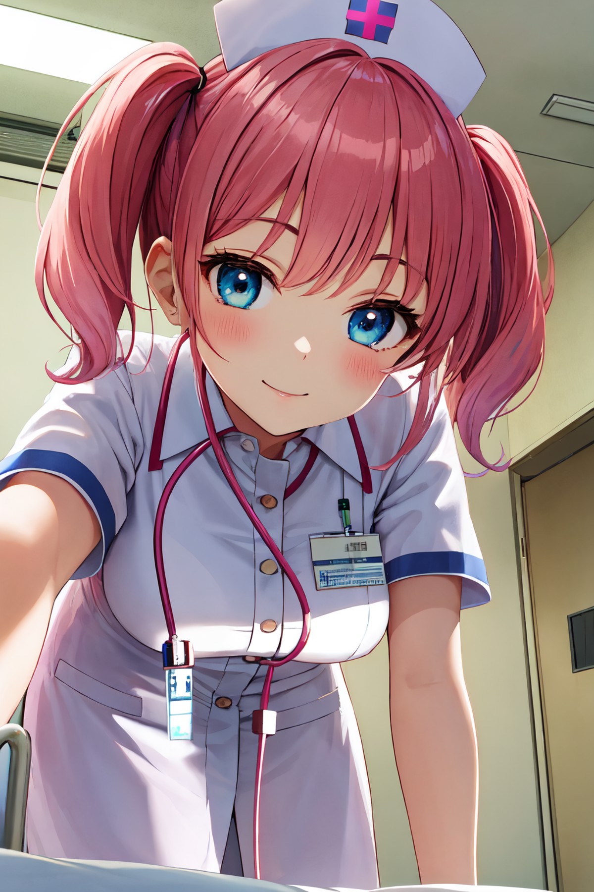 best quality, absurdres, masterpiece, extremely clear, ultra-detailed,
1girl, nurse, hospital, hospital bed, pink hair, sh...