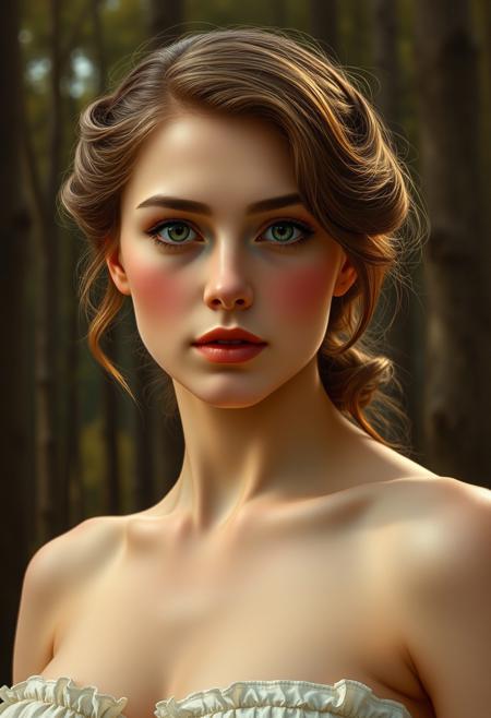 realistic lighting, photo, photorealistic very aesthetic, detailed face and eyes, forest, petite saggy breasts, blush, (sexy and curvy, old oil painting by William Bouguereau,