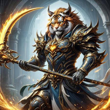 an anime image of a Tiger warrior, wielding Scythe weapon, wearing armor, magical Tempel in background, digital art, HD, masterpiece, best quality, hyper detailed, ultra detailed,