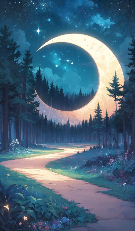 tsukimi, blue theme, tree, scenery, star (sky), moon, sky, outdoors, night, nature, no humans, flower, starry sky, forest, crescent moon, star (symbol), path <lora:tsukimi-000007:1>