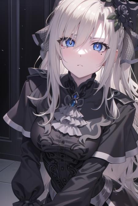 kriemhild, blue eyes, long hair, mole, mole under eye, pale skin, white hair, wavy hair, ascot, black capelet, black dress, black flower, black gloves, black headwear, black rose, capelet, dress, flower, gloves, hat, long sleeves, rose, veil,