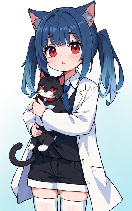 1girl, cat girl, solo, red eyes, cat ears, blue hair, long hair, bangs, twintails, eyebrows visible through hair, sidelocks, parted lips, looking at viewer, holding cat, black cat, open clothes, necktie, labcoat, white shirt, collared shirt, long sleeves, black shorts, white legwear, thighhighs, standing, gradient, gradient background,best quality,amazing quality,very aesthetic,absurdres,