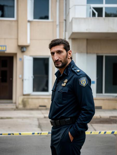 full medium body shot, photo of (Fares Fares:1.3) in a police uniform, front view, in front of a building, 55 years old, skin detail, pores, (medium-length messy hair:1.2), studio light, natural lighting, 4k uhd, dslr, soft lighting, high quality, Fujifilm XT3 <lora:Fares_FaresSD15_v1a-000015:0.7>