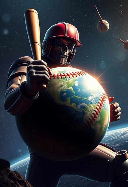 A giant space titan hitting a home-run in space baseball, the baseball is depicted as planet earth