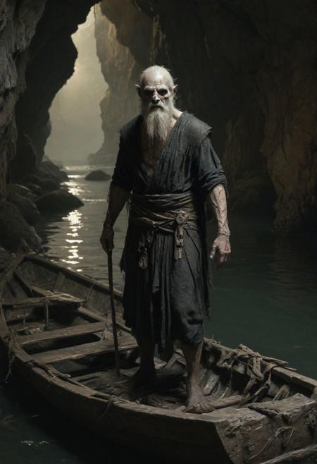 full shot of Charon from the greek underworld, standing at his boat in the Stygian lake, at the underworld cave, white clay skin texture surface, black old anf grunge clothes, at night, top light, low saturation, highly detailed,  masterful painting in the style of Anders Zorn | Marco Mazzoni | Yuri Ivanovich, Todd McFarlane, oil on canvas