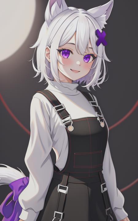 masterpiece, best quality, absurdres, lilfil, 1girl, solo, white hair, short hair, animal ears, tail, purple eyes, x hair ornament, black overalls, black suspenders, black skirt, white sweater, long sleeves, smile