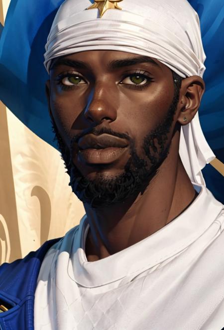 <lora:alphawannv2:0.75> 1boy, solo, portrait, dark skin, alphawann, beard, shirt, white durag, smite