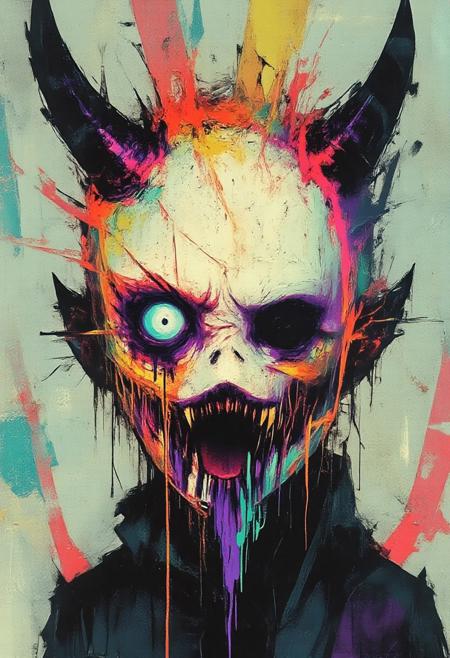 (PosingDynamicsDaal, pixel style, highly detailed, hyper realistic) This digital painting depicts an intense, atmospheric portrait featuring a surreal skeletal figure with a pale, gaunt face. The extreme close-up focuses on a single glowing pale green eye embedded within smooth bone, surrounded by exaggerated dark violet markings, with bold streaks of copper and turquoise running from the eye like smeared paint. The stark white skull contrasts with abstract streaks of pastel yellow, electric blue, and iridescent rose flowing across the forehead and jaw, forming organic ripple-like patterns. The jagged mouth is filled with polished silver teeth, adding an unsettling elegance. Fine obsidian black lines accentuate the bone structure, enhancing the sinister expression. Two large, curved dark teal horns extend upward and outward from the head, engraved with subtle geometric patterns. Wisps of shadowy hair streaked with neon lime and sapphire sweep across the figure, blending into abstract swirling textures that dissolve into the borderless, ethereal background. There is no visible background — only seamless gradients of soft cyan, faded coral haze, and shimmering gold streaks that flow outward, immersing the skeletal face in an endless surreal dreamscape. The composition is painted with fluid, textured brush strokes, emphasizing emotional depth and surreal beauty.
