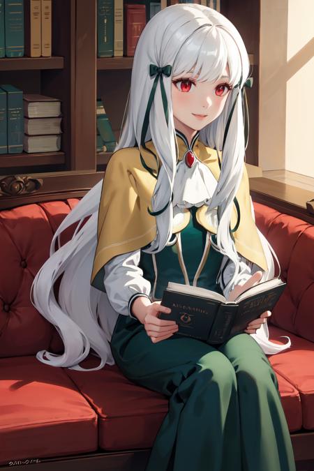 masterpiece, best quality, absurdres, 1girl, solo, SophiaAscart, long hair, hair ribbon, ascot, green dress, yellow bow, long sleeves, yellow capelet, indoors, sitting, reading book, smile, <lora:SophiaAscart:1>