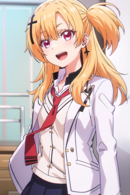 somalilonghaired, <lora:somali longhaired s1-lora-nochekaiser:1>,
somali longhaired, long hair, blonde hair, hair ornament, (red eyes:1.3), two side up, cross hair ornament, smile, open mouth,
BREAK skirt, shirt, thighhighs, jewelry, school uniform, jacket, pleated skirt, earrings, necktie, striped, pants, black skirt, blazer, red necktie, (white jacket:1.5),
BREAK indoors, classroom,
BREAK looking at viewer, (cowboy shot:1.5),
BREAK <lyco:GoodHands-beta2:1>, (masterpiece:1.2), best quality, high resolution, unity 8k wallpaper, (illustration:0.8), (beautiful detailed eyes:1.6), extremely detailed face, perfect lighting, extremely detailed CG, (perfect hands, perfect anatomy),