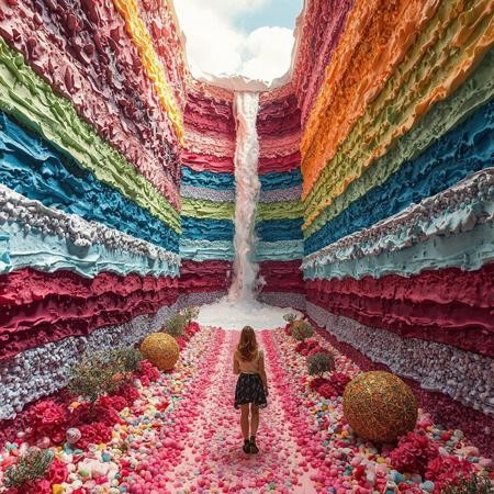 at the bottom of the multi color cake valley. The valley is made from cake and melting cream. between towering, huge cake and huge topping cream. canyon of giant layered cake. plants made of sparkling candies. pebbles of candy spread along the path. Waterfall of wine flowing out of giant bottle. a woman approaching wall of cake and tasting. a woman facing toward viewer.