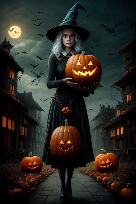 an evil witch carrying a pumpkin around town on Halloween, she has orange glowing eyes, dark night,