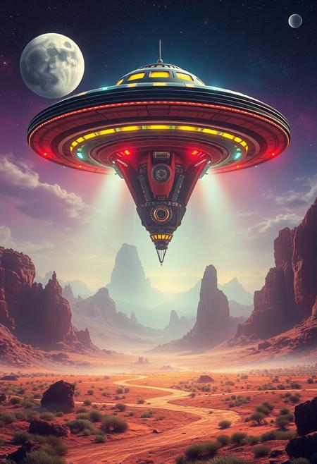 alien spaceship hovering over an otherworldly landscape, vibrant colors, high detail, science fiction, dramatic lighting, cinematic composition, hyperrealistic, by John Harris and Andrée Wallin, 8k resolution, beautiful ethereal atmosphere