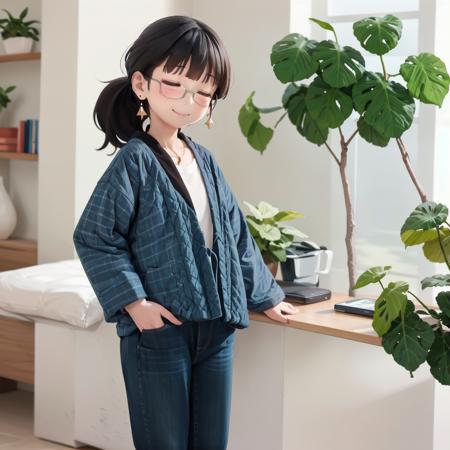 best quality, ultra-detailed, illustration,
hanten, 1girl, glasses, jewelry, earrings, pants, shirt, closed eyes, jeans, denim, white shirt, standing, black hair, ponytail, long sleeves, blue pants, smile looking at viewer, 
 <lora:JAPAN_Hanten_SD15_V1:0.8>