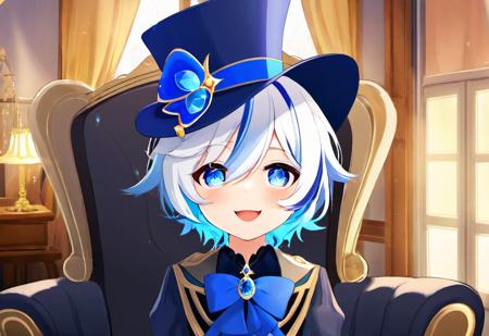 a young girl with white hair, wearing a blue hat and a blue dress. She is sitting on a couch, smiling and looking at the camera. The scene appears to be set in a room with a chair nearby, depth of field, cinematic compositions, best lighting, 1girl, ahoge, ascot, black headwear, blue ascot, blue bow, blue eyes, blue gemstone, blue hair, blue headwear, blurry background, bow, brooch, chair, couch, crying, crying with eyes open, curtains, drop-shaped pupils, gem, hair between eyes, hair over one eye, hat, hat bow, hat feather, heterochromia, highres, indoors, jacket, jewelry, looking at viewer, mismatched pupils, multicolored hair, open mouth, shirt, short hair, sitting, smile, solo, streaked hair, streaming tears, tears, top hat, two-tone hair, upper body, white hair, window, furina (genshin impact)