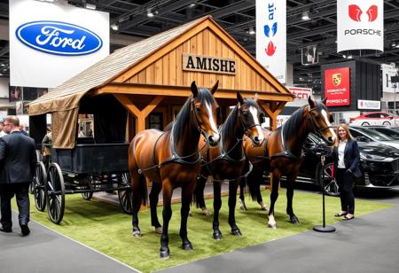 instagram photograph of a Amish horse stand at an automotive trade show. The Amish stand looks rustic made of wood and forged steel. At the booth are a buggy and two horses. The booth looks out of place next to Ford and Porsche futuristic cars, business men and show girls.