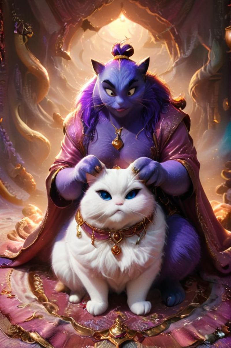 A purple, blue, and white cat with a crown on its head is being pet by a purple cat.