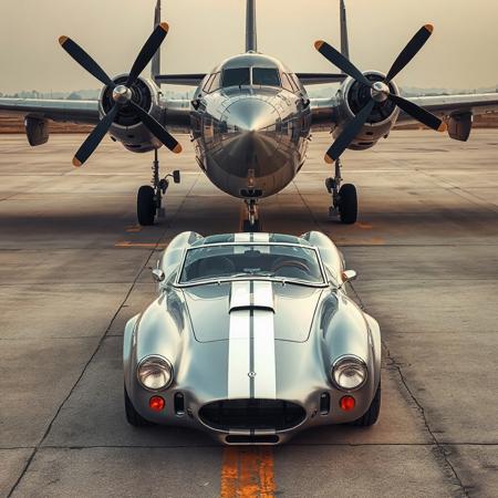 A photo-realistic shoot from a bird's eye view about a silver sports car parked in front of a large propeller-driven aircraft on an airport tarmac. the image also shows a vintage silver cobra car with a sleek, streamlined design, positioned in the middle of the image. on the foreground, the car is facing the viewer, with its headlights on, giving a clear view of its sleek, silver body and white stripes. in the background, a large, silver military aircraft with four propellers is parked on the tarmac, with a hazy, overcast sky visible in the distance. the aircraft appears to be a b-25 mitchell bomber, similar to the one in the photo, with distinctive markings and a distinctive nose design.