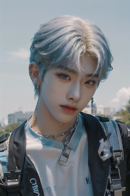 (1boy, male focus:1.5),Nikon RAW photo,8k,Fujifilm XT3,masterpiece, best quality, realistic, photorealistic,ultra detailed,1boy, muscular, solo, close up portrait, standing, beautiful blue sky, gorgeous expression, (looking at viewer:1.2), in a park ,evil grin, two-tone hair