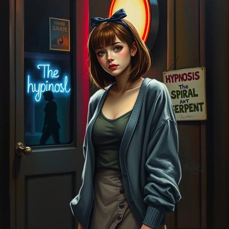 A detailed oil painting of Eez, in her early 20s, stands quietly near the entrance of a club she is leaving with a sign for a hypnosis act called "The Spiral Serpent". Eez has an entranced look and is unaware that in her hand she is holding a bra and panties, probably the ones she was wearing. Her tall, slender figure blending into the shadows of the bright neon lights. Her brown hair, just past shoulder-length, is neatly tied with a small, dark bow that adds softness to her modest appearance. Slightly hunched, she embodies a shy and reserved nature. Dressed in understated, neutral clothing—an oversized gray cardigan over a loose top which is buttoned up incorrectly and medium-length skirt—Eez fades into the background. Her movements are soft and deliberate, reflecting a timid energy as she seeks shelter against the bustling world. Her green eyes scan the room with subtle wariness, as if she prefers to observe from a distance. There’s a gentle, mouse-like quality to her presence—careful and unobtrusive—yet her delicate beauty remains unnoticed by most. The neon lights cast muted colors across her face, but in the dim light, she stays a figure on the periphery, content to avoid the spotlight. The bow in her hair serves as a delicate reminder of her quiet charm.