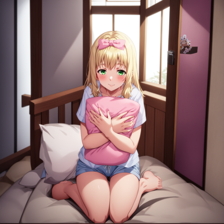 ichijounatsu, 1girl, solo, looking at viewer, blush, smile, bow, hair bow, shorts, indoors, pillow, object hug, door, pillow hug, pajamas, an anime girl with blue hair and pink shirt hugging a pillow while sitting on a bed, 1girl, solo, blonde hair, green eyes, pillow, sitting, shorts, barefoot, blush, bow, smile, long hair, looking at viewer, hair bow, indoors, object hug, pillow hug, wariza, closed mouth