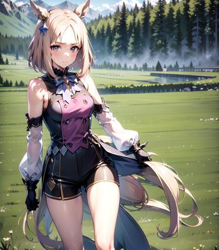 masterpiece, 8k wallpaper, best quality, 1girl, NaritaTopRoad, <lora:NaritaTopRoad>, blush, looking at the viewer, grass, standing, (moutain at the background)