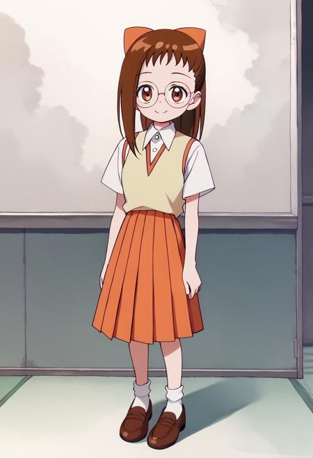 Hazuki1, 1girl, brown hair, ponytail, brown eyes, glasses, orange bow soft yellow waistcoat, short-sleeved collared white buttoned shirt pleated orange skirt socks brown shoes <lora:Hazuki1:1>