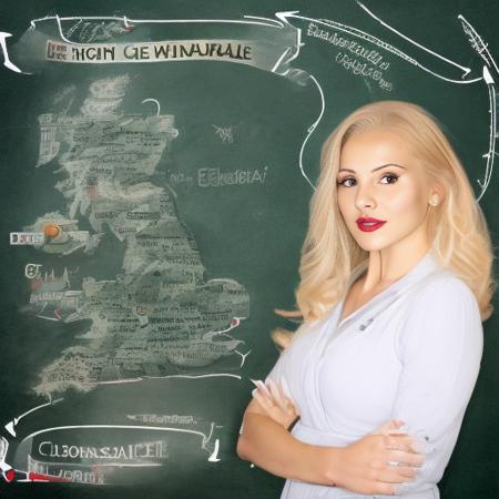 photorealistic high quality high resolution 8k  portrait of (((lucybella))), <lora:LucyBella:1>, an elegant teacher in a bikini, with long very light blonde hair, standing in a classroom in front of a map of Great Britain