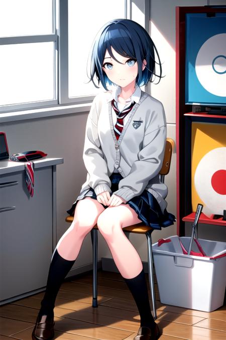 <lora:Ichika3rd-06:0.7>,ichika3rd, looking at viewer, short hair, skirt, shirt, long sleeves, sitting, closed mouth, school uniform, blue hair, full body, white shirt, pleated skirt, open clothes, necktie, shoes, socks, striped, collared shirt, indoors, black footwear, sweater, plaid, kneehighs, window, plaid skirt, chair, wariza, expressionless, cardigan, wing collar, white socks, red necktie, loafers, instrument, desk, knees together feet apart, hand between legs, on floor, dot nose, guitar, tiles, classroom, bucket, school desk, open cardigan, wall, paintbrush, striped necktie, diagonal stripes, electric guitar, cable knit, school chair, colorful, grey cardigan, floor, drum, paint splatter, paint, white cardigan, reflective floor, diagonal-striped necktie, drum set, double horizontal stripe, splatter, paint splatter on face