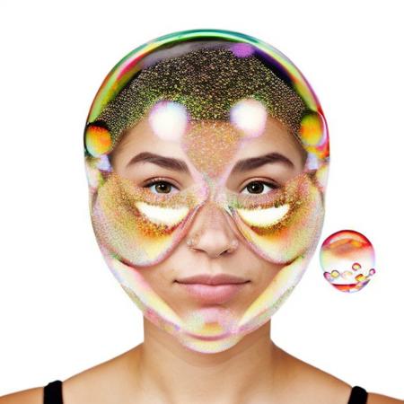 ((((many bubbl3)))) in the form of the face of a ((woman))  <lora:o1l-000040:1>, simple background