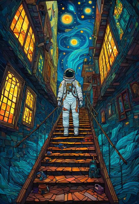 DB4RZ style painting, aidmansfwunlock, masterpiece, The astronaut's suit is equipped with various gadgets and patches. The scene is captured at an upward angle, emphasizing the towering height of the staircase and the dynamic motion of the character. , vibrant surreal colours fine art, oil painting, best quality, dark tales, Cape Town in the Van Gogh style, starry sky, Dan Mumford, Andy Kehoe, 2d, flat, cute, adorable, vintage, art on a cracked paper, patchwork, stained glass, fairytale, storybook detailed illustration, cinematic, ultra highly detailed, tiny details, beautiful details, mystical, luminism, vibrant colors, complex background