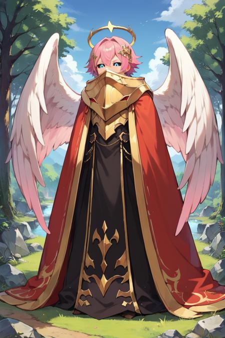 kadef, 1boy, pink hair, blue eyes:0.2, black sclera:0.2, wings, angel wings, feathered wings, armor, shoulder armor, robe, mask, gold trim, covered mouth