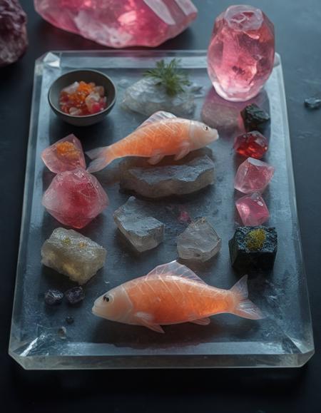 A platter of sushi where each piece is made of translucent crystal. The sushi rolls have geometric patterns on their surfaces, and the fish glows with inner light. The platter is surrounded by glowing gemstones and rests on a crystal table. <lora:SoulGemmed:1>