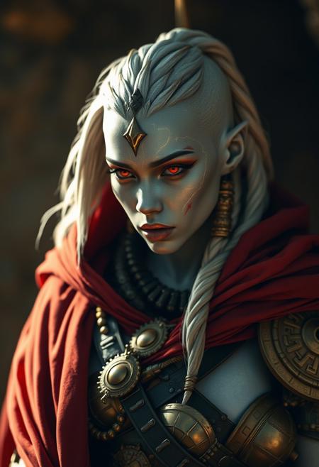 Warrior queen, African, albino, sensual, erotic, golden armour, red cape, detailed, limited color palette, octane rendering, trending on artstation, natural light, sharp focus, detailed, cinematic, dramatic illumination, glowing eyes, ethereal in detail